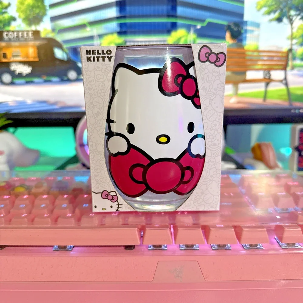 Hello Kitty Stemless Glass 20oz Clear Cup 2023 Pink Bow Sanrio Tear Drop
